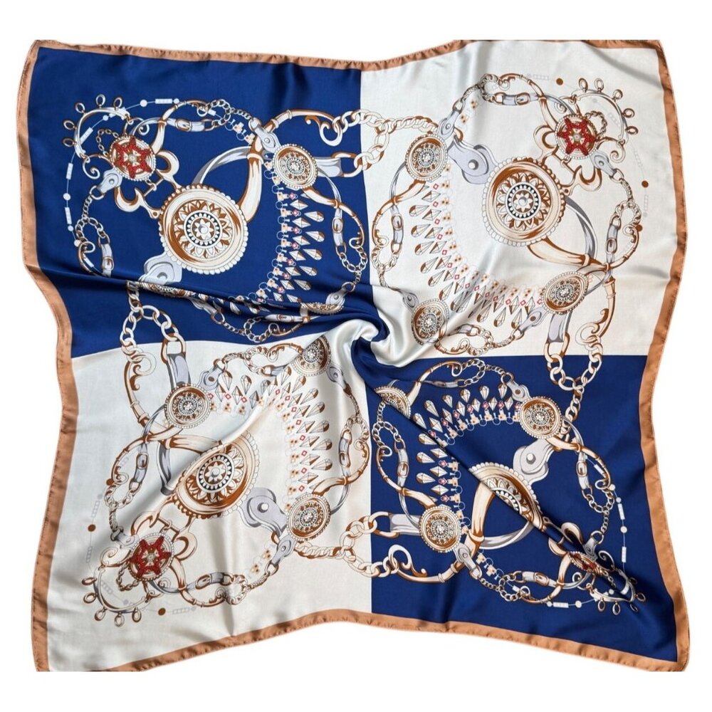 2/$30 White Navy Blue Red Nautical Antique Gold Baroque Printed Fashion Scarf - Picture 4 of 11
